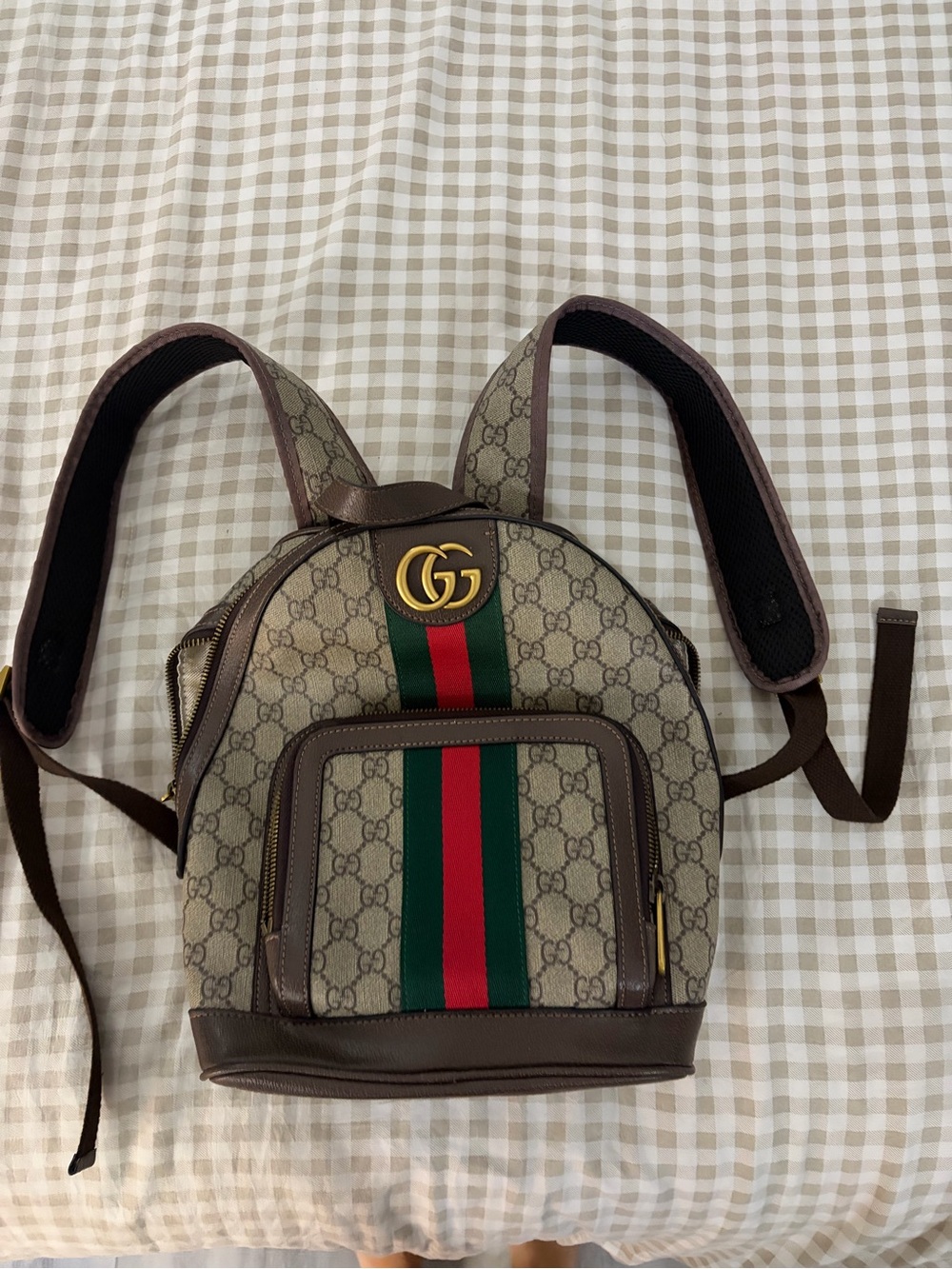 Gucci Beige GG Canvas Mini Backpack with Green and Red Stripe